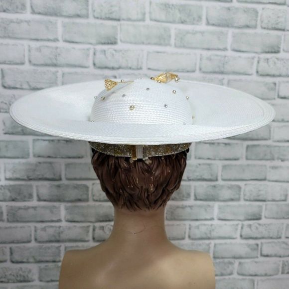 Vintage 80s 90s TIM CRAWFORD White Straw Rhinestone‎ Beaded Derby Cartwheel Hat main image 9